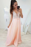 A-Line V-Neck Floor-Length Pearl Pink Prom Dress with Beading HZ0527