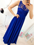 A-Line Round Neck Floor-Length Royal Blue Prom Dress with Lace Pleats HZ0527