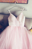 simple spaghetti straps v neck tulle pink prom/evening dress, pink tulle bridal dress HZ0527