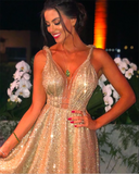 Promfast A-line Gold Sequin Empire Prom Dress Long 2025 Sweep Train HZ0527