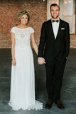 A-Line Bateau Cap Sleeves Open Back Bohemian Wedding Dress with Lace HZ0527