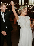 A-Line Bateau Cap Sleeves Open Back Bohemian Wedding Dress with Lace HZ0527