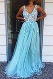 A-Line V-Neck Floor-Length Tulle Long Prom Dress with Appliques HZ0527