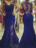 New Arrival Scoop Applique Long Sleeves Royal Blue Mermaid Plus Size Dresses HZ0527