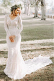 Mermaid V-Neck Backless Long Sleeves Lace Elegant Wedding Dress HZ0527