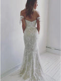Mermaid Off-the-Shoulder Backless Sweep Train Ivory Lace Wedding Dress HZ0527
