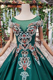 New Arrival Prom Dresses Short Sleeves Green Ball Gown With Applique Beads HZ0527