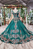 New Arrival Prom Dresses Short Sleeves Green Ball Gown With Applique Beads HZ0527