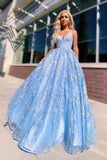 A-line Spaghetti Straps Lace Appliques Sky Blue Long Prom Dresses Evening Dresses HZ0527