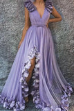 A Line V Neck Long Flowers Rushed Prom Dresses With Silt Evening Dresses HZ0527