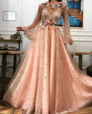 A line Long Sleeves Prom Dresses 3D Flowers Prom Dress Formal Evening Dress HZ0527