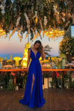 Promfast A-Line Deep V Neck Royal Blue High Split Long Prom Dresses, Cheap Evening Dresses HZ0527