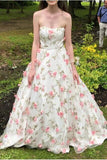 A Line Floral Long Prom Dresses Strapless Beautiful Flower Printed Prom Dress HZ0527