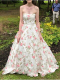 A Line Floral Long Prom Dresses Strapless Beautiful Flower Printed Prom Dress HZ0527