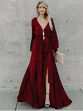 A-line Burgundy Long Prom Dresses Long Sleeve Simple Cheap Evening Dress HZ0527