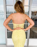 Two Piece Spaghetti Straps Yellow Lace Long Mermaid Prom Dress HZ0527
