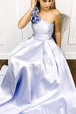 A-line One Shoulder Satin Long Prom Dress With Flowers Evening Dresses HZ0527