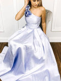 A-line One Shoulder Satin Long Prom Dress With Flowers Evening Dresses HZ0527