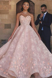 Promfast Princess Sexy A-Line Sweetheart Strapless Pink Beaded Lace Prom Dress with Appliques HZ0527