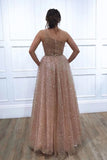 A-line One Shoulder Sparkly Long Sequins Prom Dresses Evening Dresses HZ0527