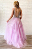 A-line V Neck Lilac Long Prom Dresses Tulle Beaded Evening Gowns HZ0527