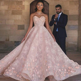 Promfast Princess Sexy A-Line Sweetheart Strapless Pink Beaded Lace Prom Dress with Appliques HZ0527