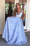 A-line V neck Applique Beading Sky Blue Tulle Long Prom Dresses Party Dresses HZ0527