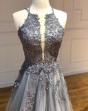 A-line Spaghetti Straps Lace Appliques Grey Tulle Long Prom Dresses Party Dresses HZ0527