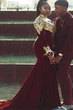 Trumpet/Mermaid High Neck Long Sleeves Applique Burgundy Plus Size Prom Dresses HZ0527