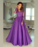 A-line V neck Long Sleeves Prom Dresses Lace Appliques Formal Gowns HZ0527