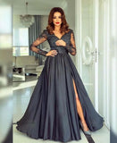 A-line V neck Long Sleeves Prom Dresses Lace Appliques Formal Gowns HZ0527