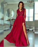 A-line V neck Long Sleeves Prom Dresses Lace Appliques Formal Gowns HZ0527