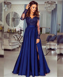 A-line V neck Long Sleeves Prom Dresses Lace Appliques Formal Gowns HZ0527
