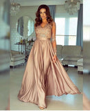 A-line V neck Long Sleeves Prom Dresses Lace Appliques Formal Gowns HZ0527