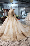 New Arrival Prom Dresses Long Sleeves Ball Gown Scoop With Applique Beads Lace Up Back HZ0527
