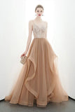 A-line Spaghetti Straps Tulle Long Lace Appliques Prom Dresses Formal Evening Dress HZ0527