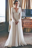 A-Line V-Neck Long Sleeves Floor Length Chiffon Beach Wedding Dress HZ0527