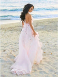 A-Line Halter Backless Light Pink Chiffon Beach Wedding Dress with Appliques Ruffles HZ0527