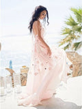 A-Line Halter Backless Light Pink Chiffon Beach Wedding Dress with Appliques Ruffles HZ0527
