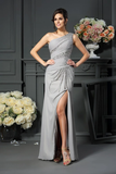 Promfast Elegant A-Line Grey One Shoulder Sleeveless Beads Slit Chiffon Mother of the Bride Dresses HZ0527