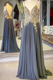 Beaded Chiffon Spaghetti Straps Long Prom Dresses With Appliques HZ0527