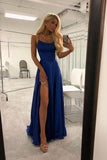 Royal Blue Spaghetti Strap A Line Prom Dress Sexy Long Split Party Dresses HZ0527
