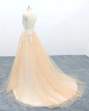 A Line Tulle Lace Appliques Sweep Train Evening Dress Senior Prom Dress HZ0527