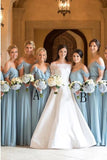 A-Line Cold Shoulder Long Light Blue Chiffon Bridesmaid Dress with Ruffles HZ0527