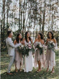 A-Line Off-the-Shoulder 3/4 Sleeves Asymmetry Blush Lace Bridesmaid Dress HZ0527