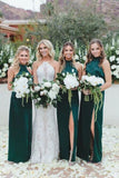 Sheath High Neck Floor-Length Dark Green Long Bridesmaid Dress with Split HZ0527