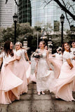 A Line Two Piece Short Sleeves Floor-Length Pink Bridesmaid Dress with Lace HZ0527