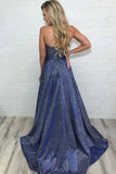 Deep V Neck Sparkly Long Sexy Prom Dresses With Slit Spaghetti Straps Formal Dresses HZ0527