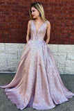 Simple A-Line Deep V-Neck Long Lilac Printed Satin Prom Dresses with Pockets HZ0527