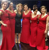 Promfast Red Button Backless Plus Size Mermaid Cap Sleeves V-neck Long Lace Bridesmaid Dresses HZ0527